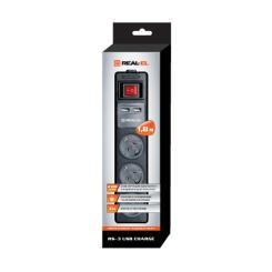 Сетевой удлинитель REAL-EL RS-3 USB CHARGE 1.8m, black Фото 2