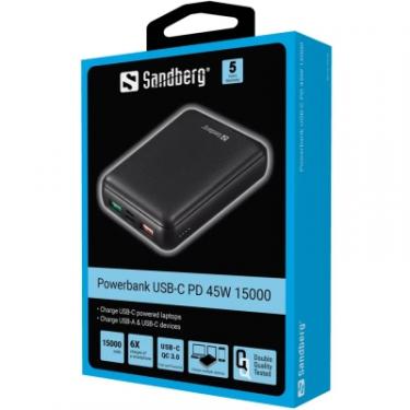 Батарея универсальная Sandberg 15000mAh, PD/45W(20V/2.25A), QC3.0, USB-C, Micro-U Фото 1