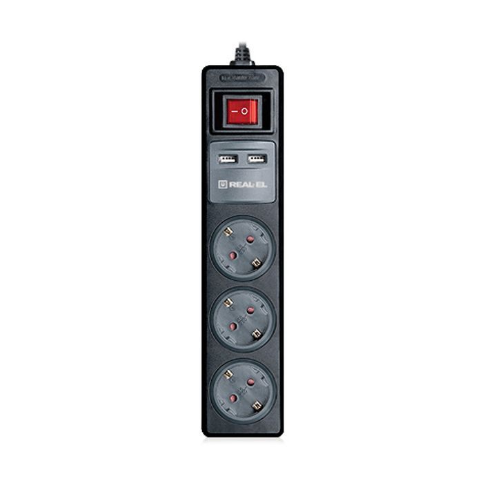 Сетевой удлинитель REAL-EL RS-3 USB CHARGE 1.8m, black Фото