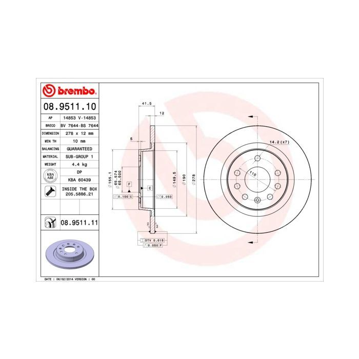 Тормозной диск Brembo 08.9511.10 Фото