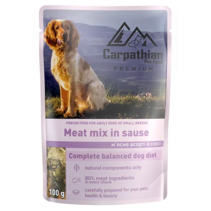 Влажный корм для собак Carpathian Pet Food м'ясне асорті в соусі 100 г Фото